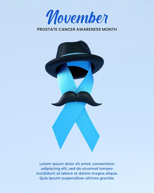 Niebieska Wstążka Z Kapeluszem I Wąsami Na Niebieski Listopad I Post W Mediach Społecznościowych Miesiąca świadomości Raka Prostaty