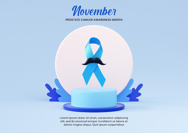 Niebieska Wstążka Z Wąsami Dla Tła Transparentu Miesiąca świadomości Raka Prostaty W Renderowaniu 3d