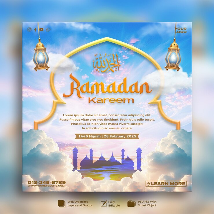 PSD niebieski cyjan kwadrat ramadan kareem dla powitania baner feed poste szablon projektu