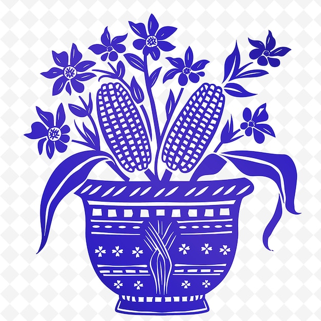 PSD niebieski garnek z kwiatami w nim i niebieskie tło z obrazem kukurydzy w środku