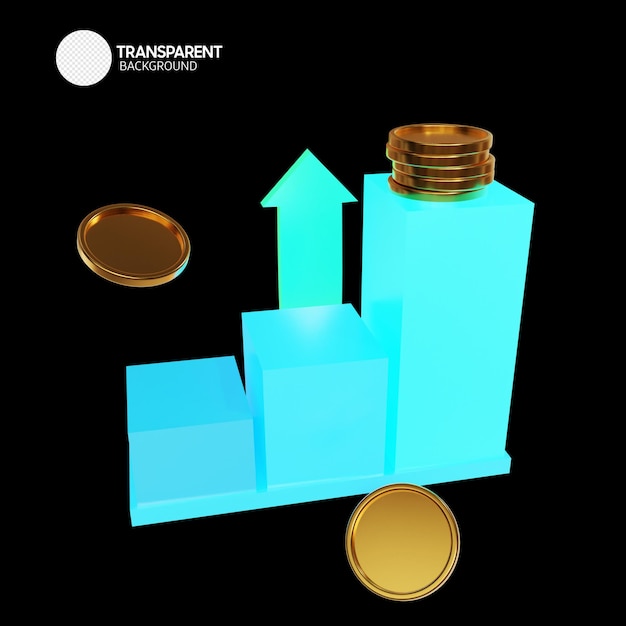 PSD niebieski wykres z zieloną strzałką skierowaną w górę i złotą monetą na dole.
