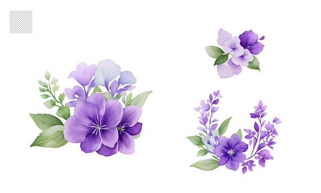 Niebieskie akwarelowe liście i kwiaty zestaw kompozycji kwiatowych