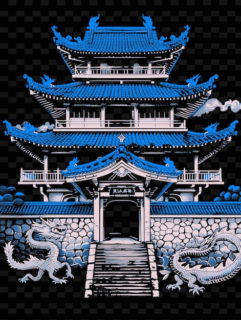 PSD niebiesko-biała pagoda z niebieskim smokiem z przodu