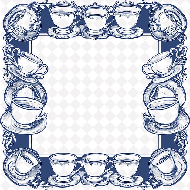 PSD niebiesko-biały obraz kubków herbaty i talerzy