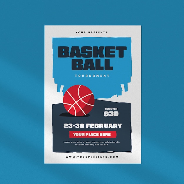 PSD niebiesko-biały plakat turnieju koszykówki.