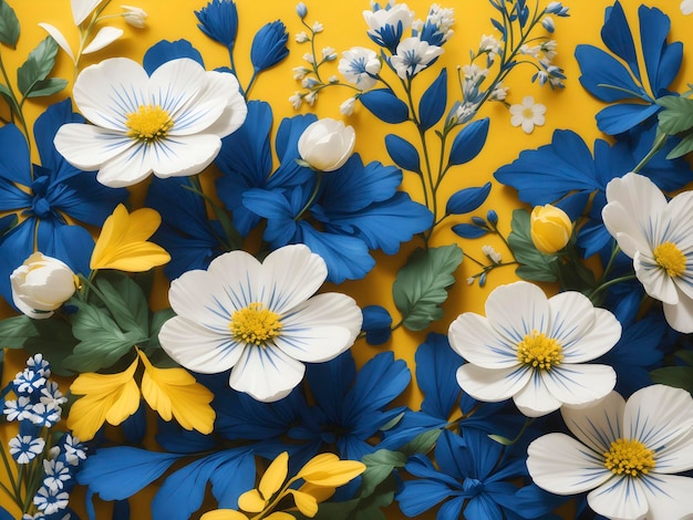 PSD niebiesko-żółte i białe wzory dzikich kwiatów aigenerated.