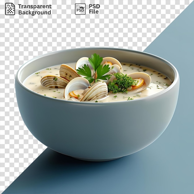 PSD niesamowita kremowa miska zupy z małży w białej misce