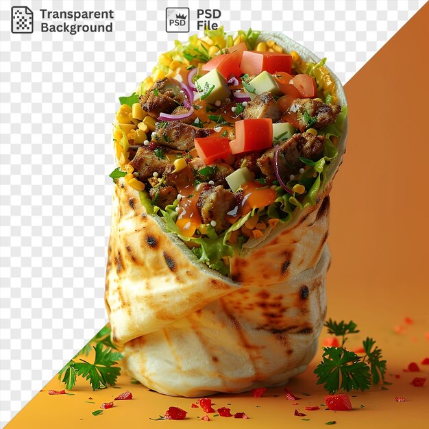 PSD niesamowite jedzenie shawarma w opakowaniu na żółtym tle