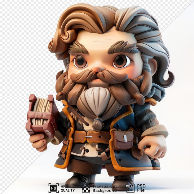 PSD niesamowity chibi henry hudson, nawigator, z miniaturowym dziennikiem eksploracji, przedstawiającym jego charakterystyczną brązową twarz, duże oczy i ręce.