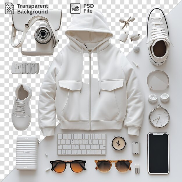 PSD niesamowity miejski zestaw mody ulicznej z białą kurtką, czarnymi i brązowymi okularami, białą klawiaturą i srebrną kamerą na przezroczystym tle