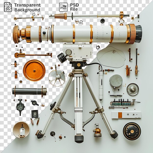 PSD niesamowitych entuzjastów astronomii teleskop i akcesoria ustawione na białej ścianie z srebrnym zegarem i białym statywem