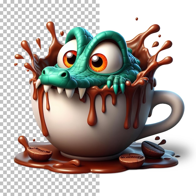 PSD nieśmiały, uroczy krokodyl, postać z kreskówki ukryta w twojej filiżance kawy.
