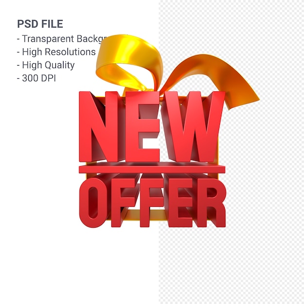 PSD nieuw aanbod verkoop 3d-ontwerp rendering voor verkoop promotie met boog en lint geïsoleerd
