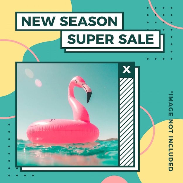 Nieuw seizoen super verkoop zomer banner met vierkante grootte op memphis-stijl