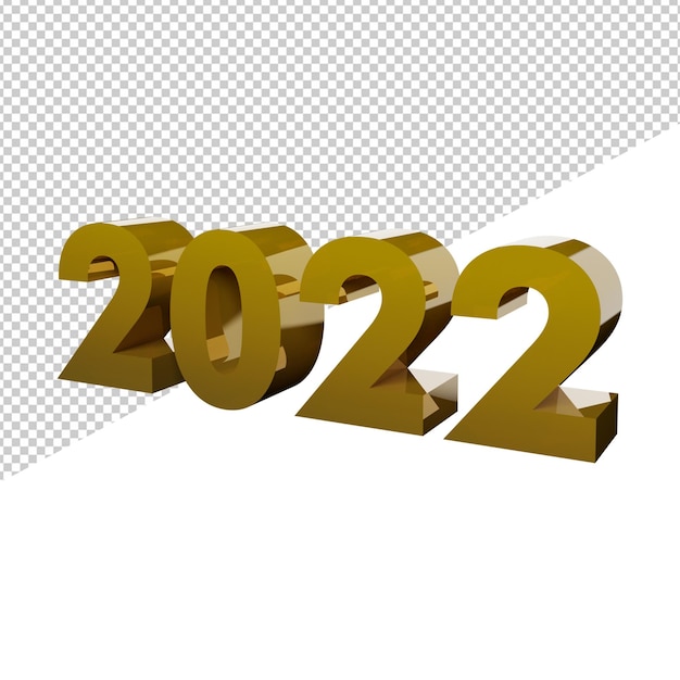 Nieuwjaar 2022 op gouden zijaanzicht 3d-rendering tekst illustratie transparante achtergrond