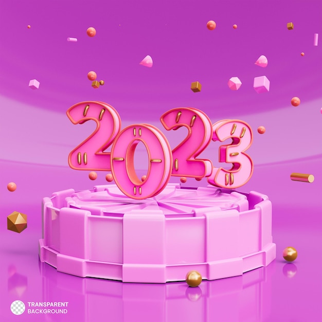 Nieuwjaar 2023 3d illustratie van gelukkig nieuwjaar podiumweergave
