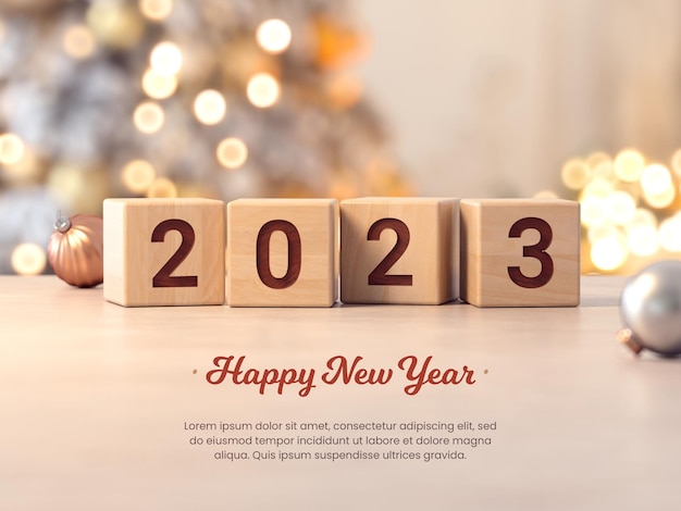 PSD nieuwjaarskaart 2023 met getallen in houten kubussen en kerstscèneachtergrond in 3d renderen