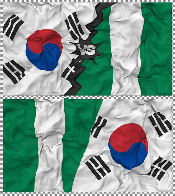 Nigeria versus Zuid-Korea Half Combined Flag Cloth Bump Texture 3D Rendering