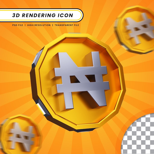 Nigerian coin naira currency symbol golden in 3d rendering