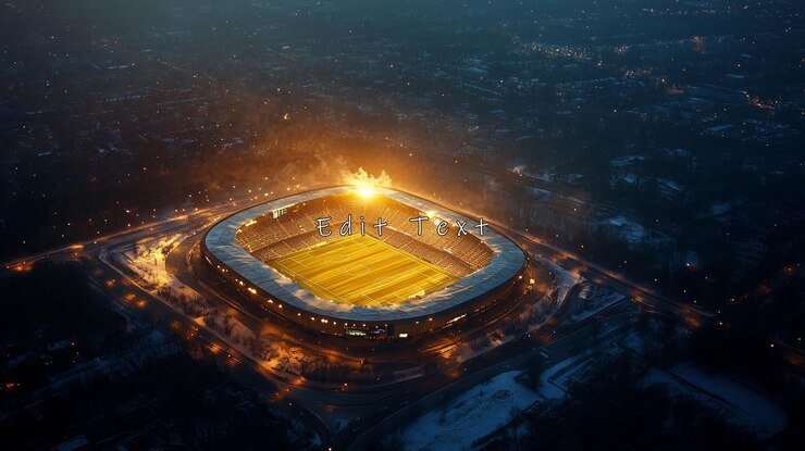 PSD night aerial view of illuminated stadium