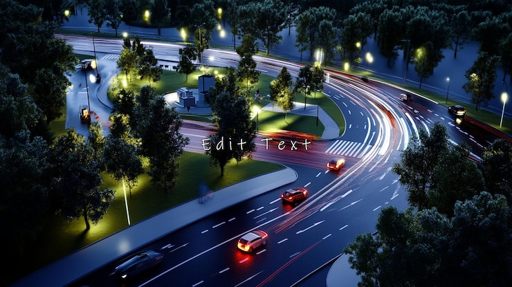 PSD night aerial view of roundabout with traffic and park