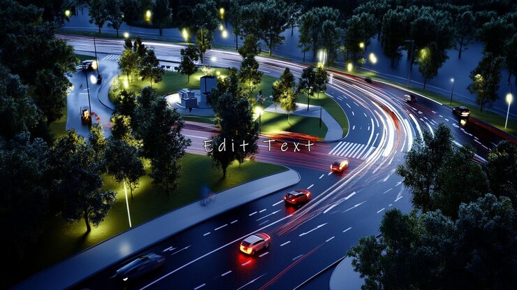 PSD night aerial view of roundabout with traffic and park
