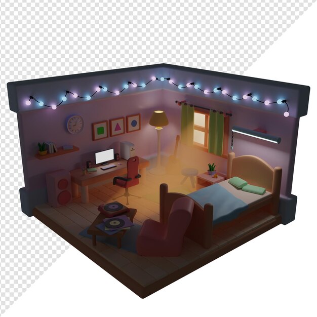 PSD rendering isometrico 3d della camera da letto notturna, sfondo trasparente.