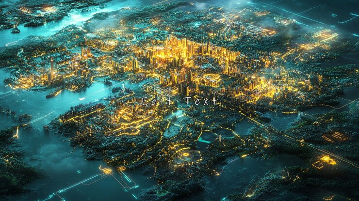 PSD night city aerial view illuminated skyscrapers and waterways