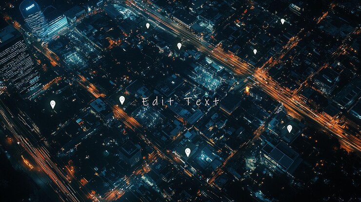 PSD night city aerial view with location markers