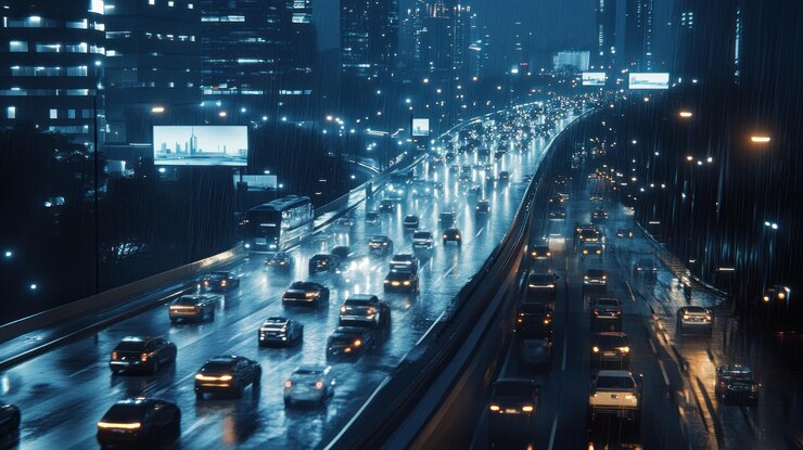 PSD night city highway traffic jam under rain