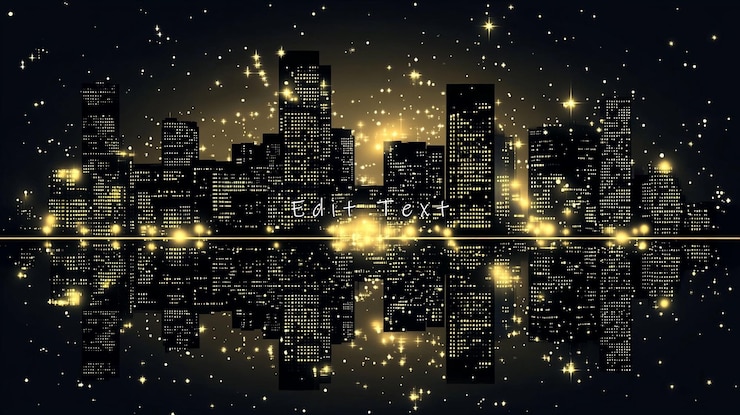 PSD 夜晚的城市天际线反映在水中闪闪发光的星星中