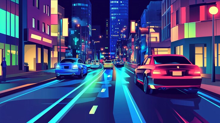 PSD night city street scene with cars and vibrant neon lights