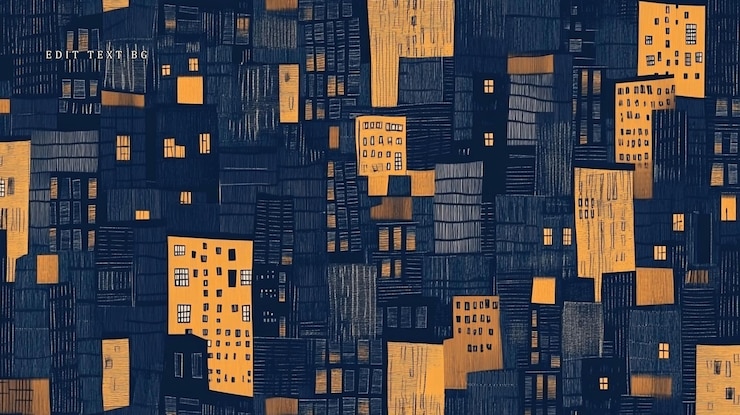 PSD 濃い青とオレンジ色の建物が描かれた夜の都市風景のイラスト
