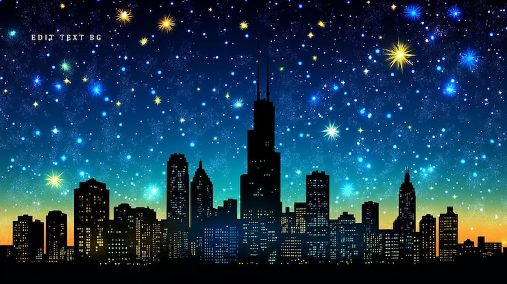PSD night cityscape silhouette under a vibrant starry sky