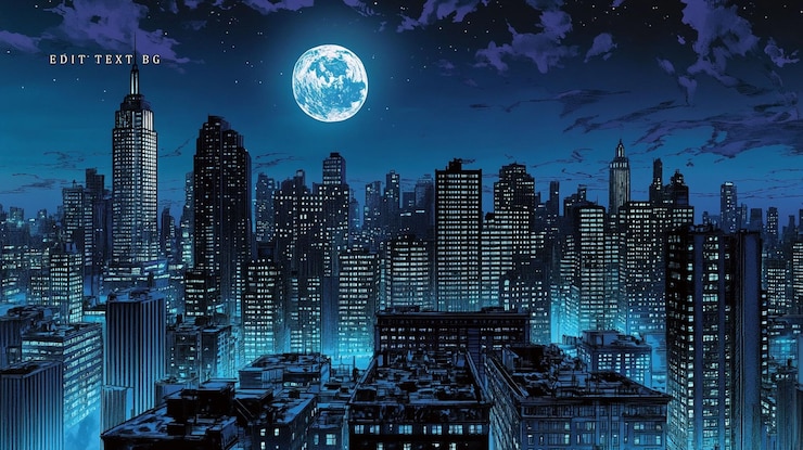 PSD night cityscape with full moon skyscrapers and buildings