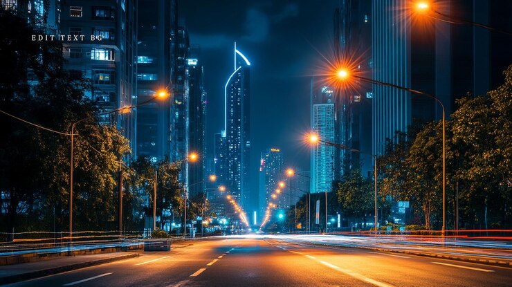 PSD night cityscape with illuminated skyscrapers and empty street light trails