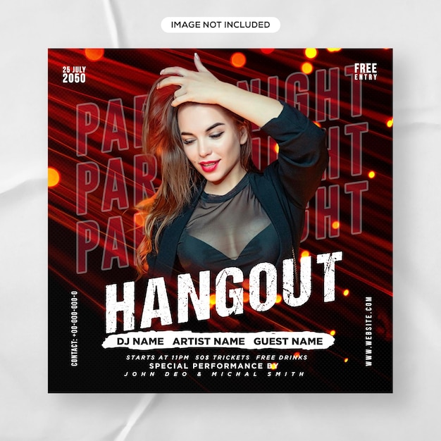 Night club dj party flyer social media post e modello di banner quadrato volantino evento web