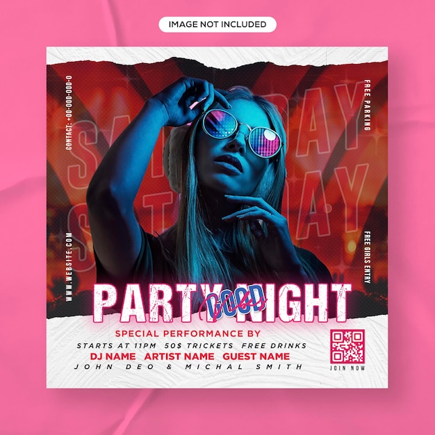 Night club dj party flyer social media post and web event flyer square banner template