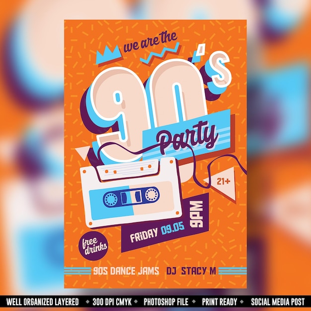 PSD night club dj party poster or 90s flyer template, retro music event or concert vector advertising