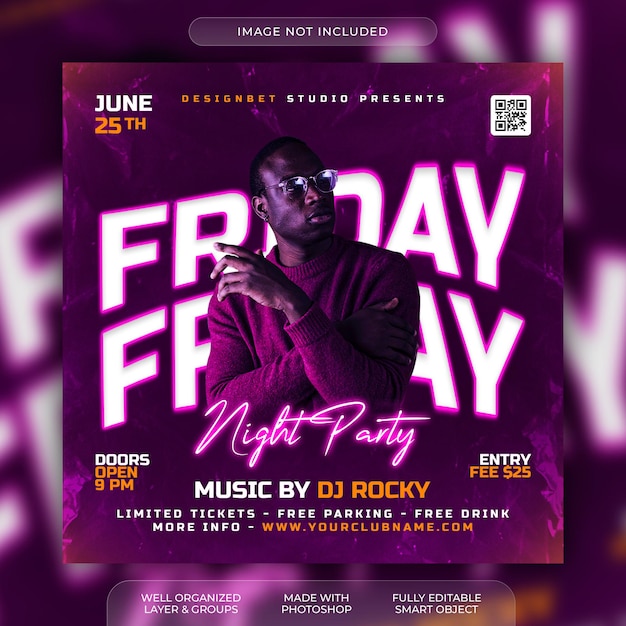 PSD night club flyer social media post and web banner design template