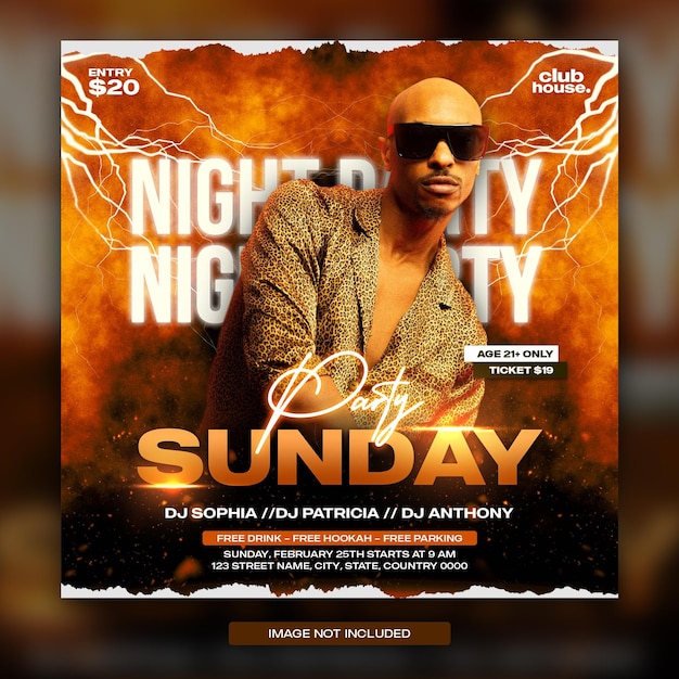 Night club music dj party flyer social media post and web banner