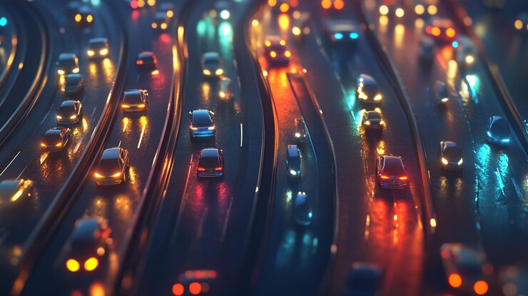 PSD night highway with flowing traffic showcasing cars with illuminated headlights and taillights