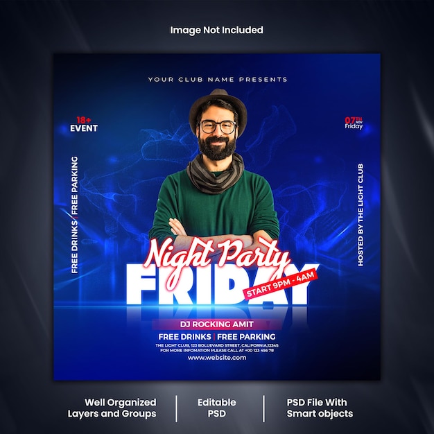 PSD night music party event social media instagram post psd template
