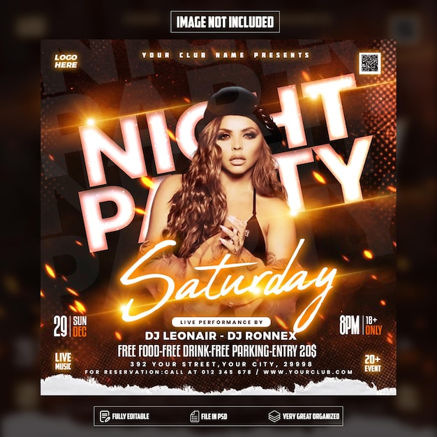 night party flyer social media post design and web banner psd