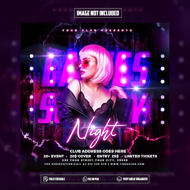 Night party flyer social media post template premium psd