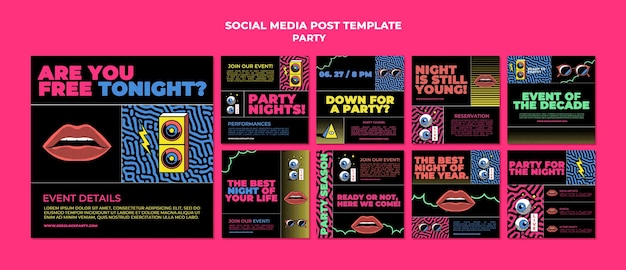 Night party instagram posts collectie in retro stijl