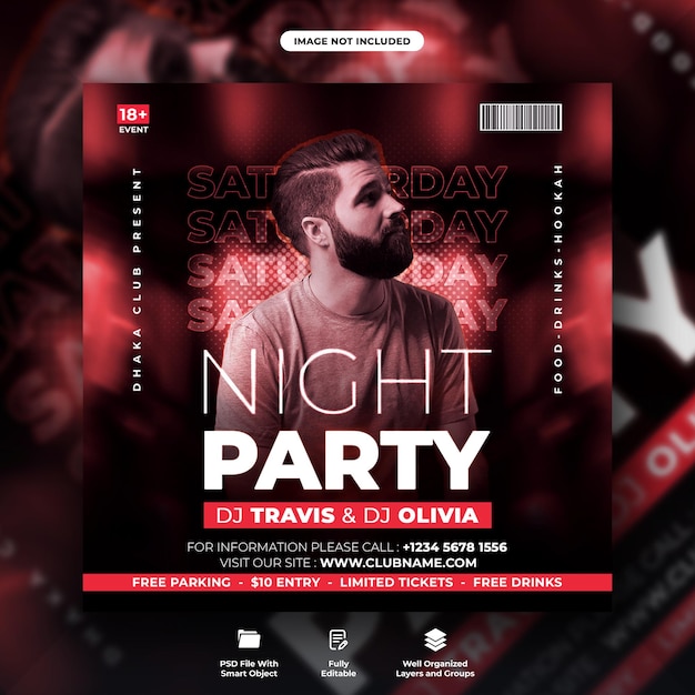 PSD night party poster and social media web banner template