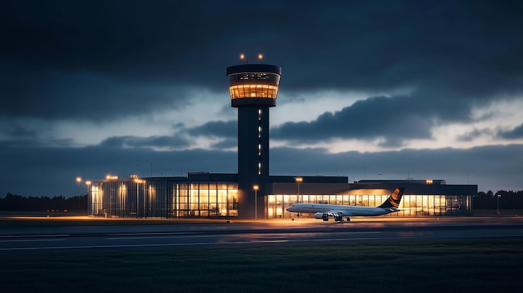 PSD night scene at airport with control tower and airplane taxiing on runway