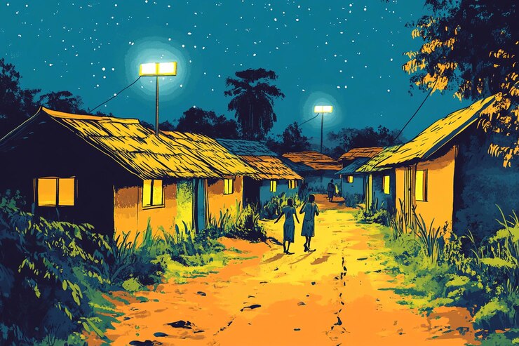 PSD night scene in a village with illuminated huts and people walking on a dirt road under starry sky