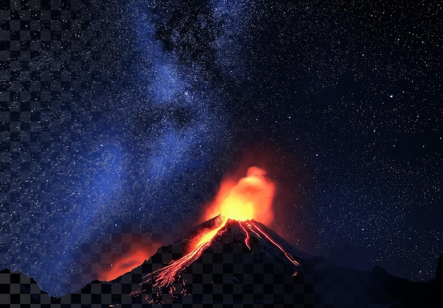 night sky with starry night and distant volcano erupting red lava on transparent background